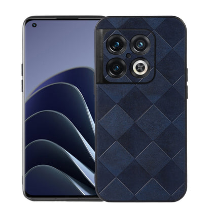 Blue PU phone case with woven diamond pattern and camera cutouts