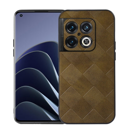 Brown PU phone case with woven diamond pattern and camera cutouts