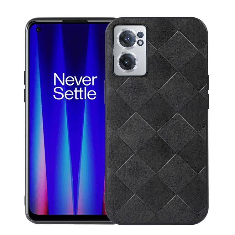 Black PU phone case with woven diamond pattern, front view with camera openings