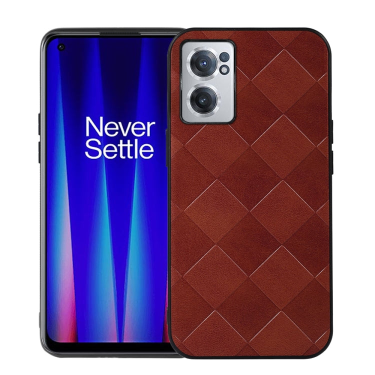 Weave plaid PU phone case in brown with diamond pattern and camera cutouts