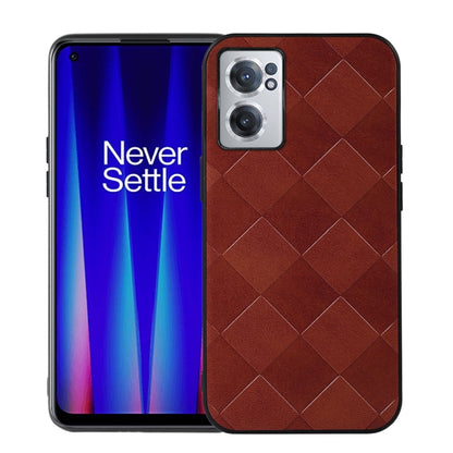 Weave plaid PU phone case in brown with diamond pattern and camera cutouts