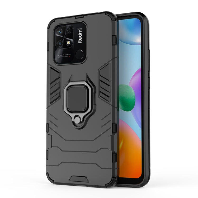 Black rugged phone case with magnetic ring holder, raised camera cover and TPU edges