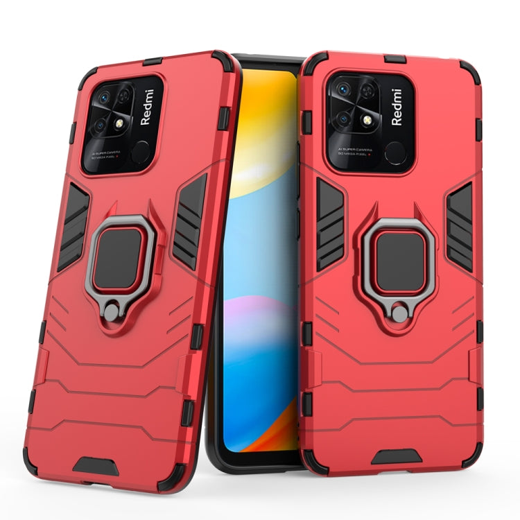 Red shockproof phone case with magnetic ring holder and raised camera protection