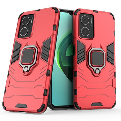 Red shockproof phone case with magnetic ring holder and dual-layer armor design