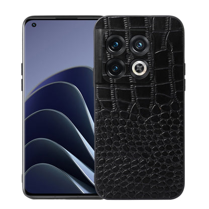 Black crocodile-embossed leather phone case with camera cutouts and card slot