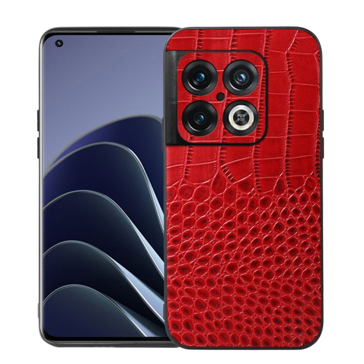 Red crocodile-embossed leather phone case with camera cutouts and card slot