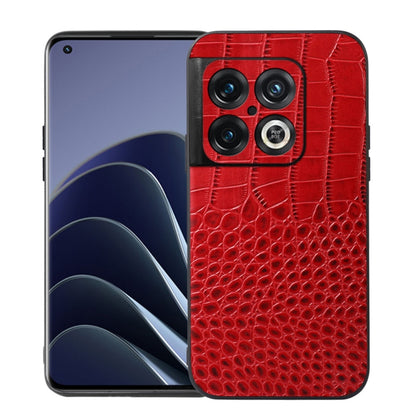 Red crocodile-embossed leather phone case with camera cutouts and card slot
