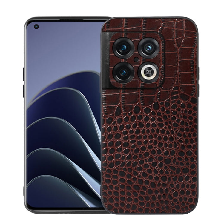Coffee-brown crocodile-embossed leather phone case with camera cutouts