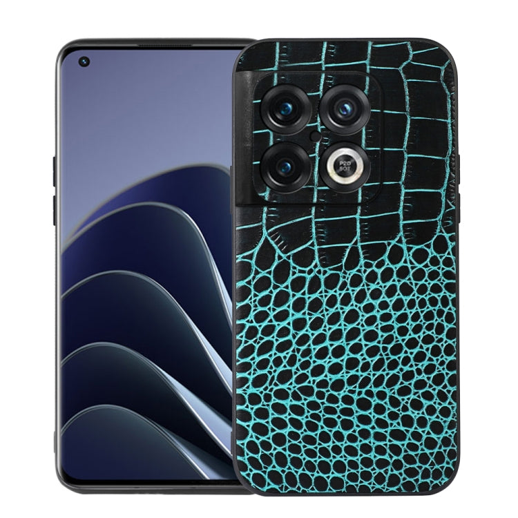 Cyan crocodile-embossed leather phone case with camera cutouts and card slot