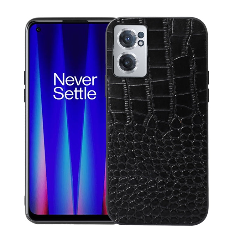 Black crocodile-embossed leather phone case with camera cutouts and raised edges