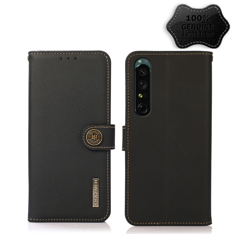 Leather RFID phone case with magnetic flap, shown front and back, black