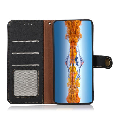 Black leather flip phone case open, card slots and inner pocket, with phone