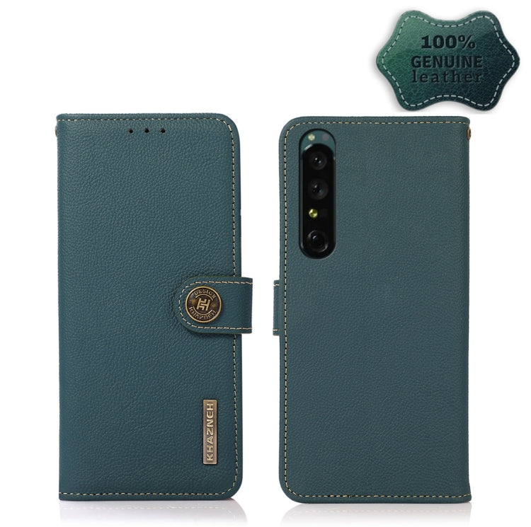 Green leather RFID phone case with magnetic flap, shown front and back