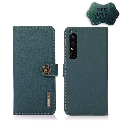 Green leather RFID phone case with magnetic flap, shown front and back