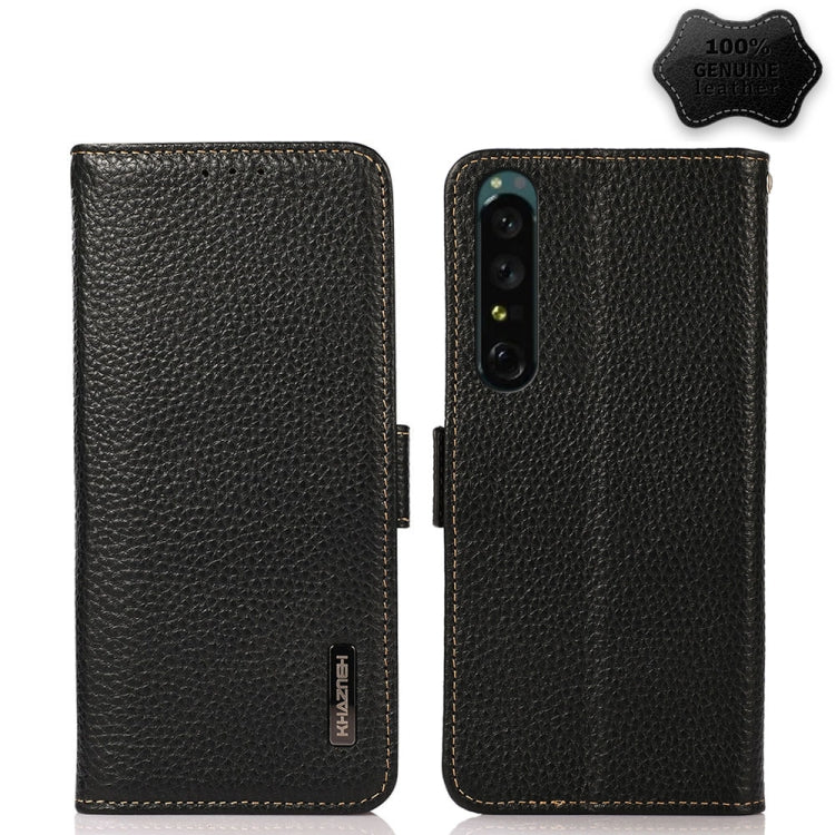 Side-magnetic litchi leather RFID phone case for a Sony Xperia 1 IV, black