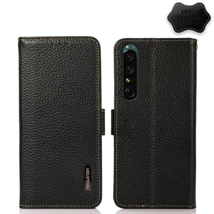 Side-magnetic litchi leather RFID phone case for a Sony Xperia 1 IV, black