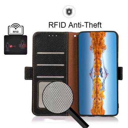 Side-magnetic litchi leather RFID phone case, black, open with card holder