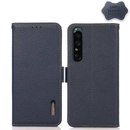 Side-magnetic litchi leather RFID phone case for a Sony Xperia 1 IV, blue