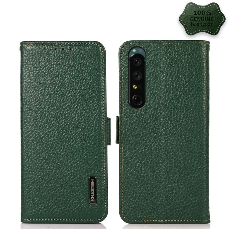 Side-magnetic litchi leather RFID phone case for a Sony Xperia 1 IV, green