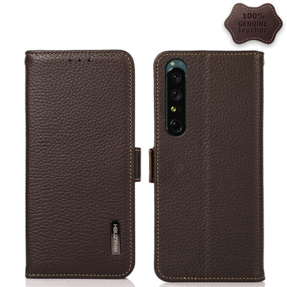 Side-magnetic litchi leather RFID phone case for a Sony Xperia 1 IV, brown