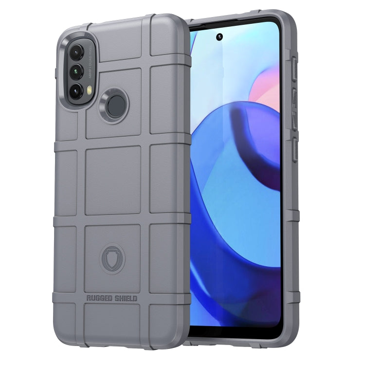 Grey shockproof TPU phone case with rugged grip, raised corners, and camera cutouts
