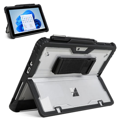 Transparent acrylic laptop case with black rugged bumper and built-in hand strap
