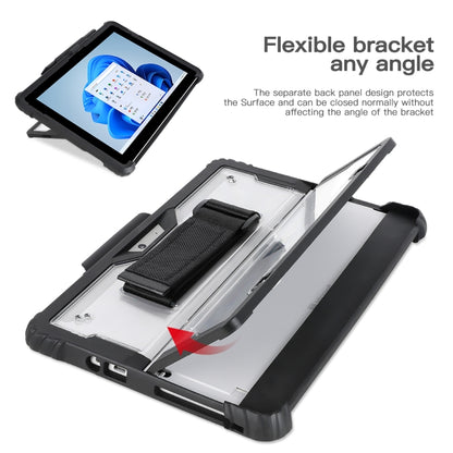 Transparent acrylic tablet case with flexible kickstand and black hand strap