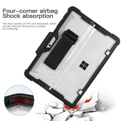 Transparent acrylic case with black corners for shock protection and hand strap