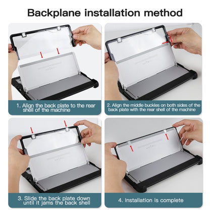 Transparent acrylic tablet case showing backplate installation steps