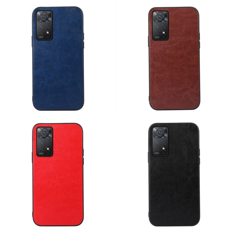 Four textured PU phone cases in blue, brown, red, and black with camera openings.