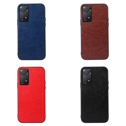 Four textured PU phone cases in blue, brown, red, and black with camera openings.