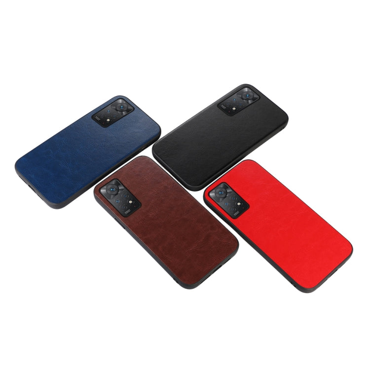 Textured PU phone cases in blue, brown, red, and black, showing camera cutouts.