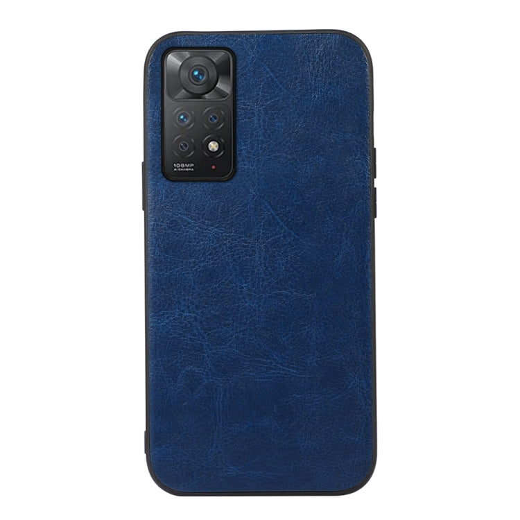 Blue textured PU phone case with camera cutout and raised edges.