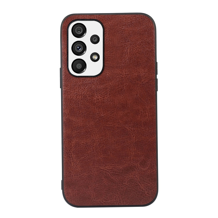 Coffee brown textured PU phone case with camera opening and button cutouts.