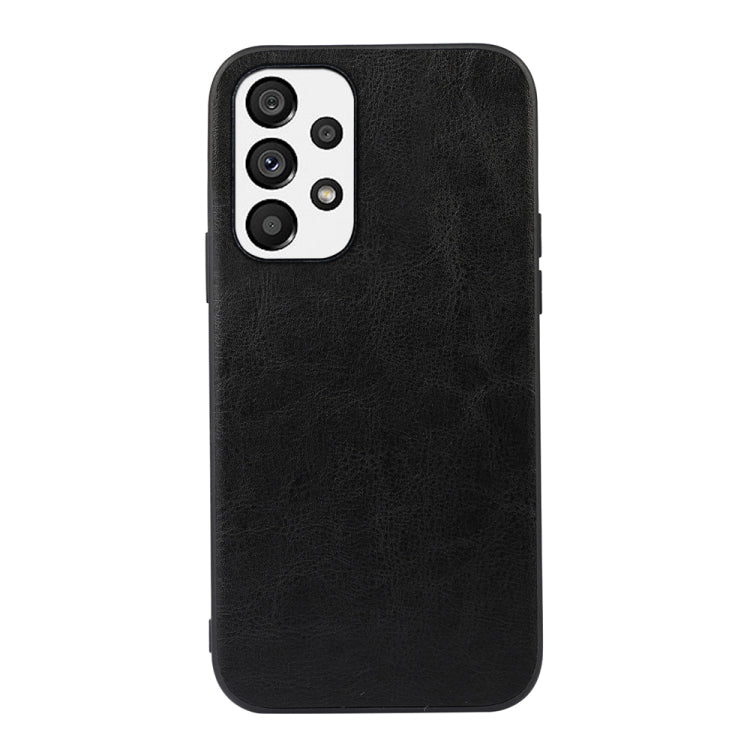 Black textured PU phone case back view with camera lens cutouts and side grips.