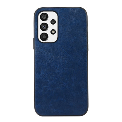 Blue PU phone case, front view with camera cutout and access for side buttons