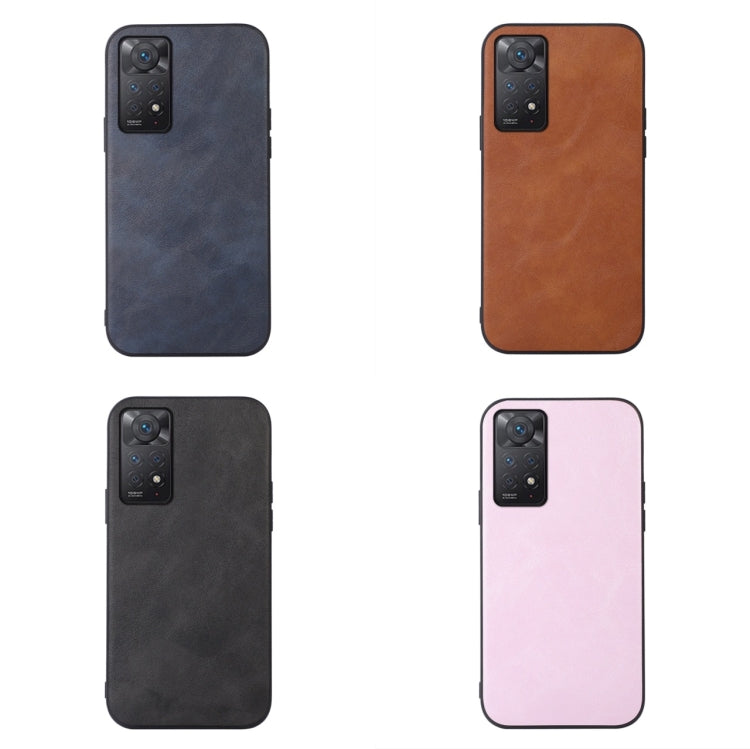 Set of cowhide-texture PU phone cases in blue, brown, dark, and pink colors.