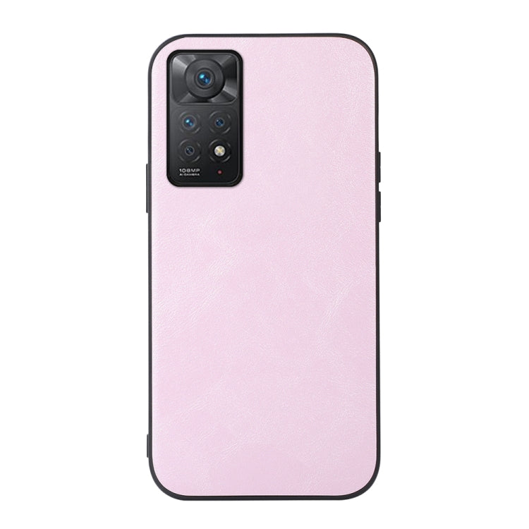 Cowhide-texture PU phone case, pink, with camera cutout and raised edge.