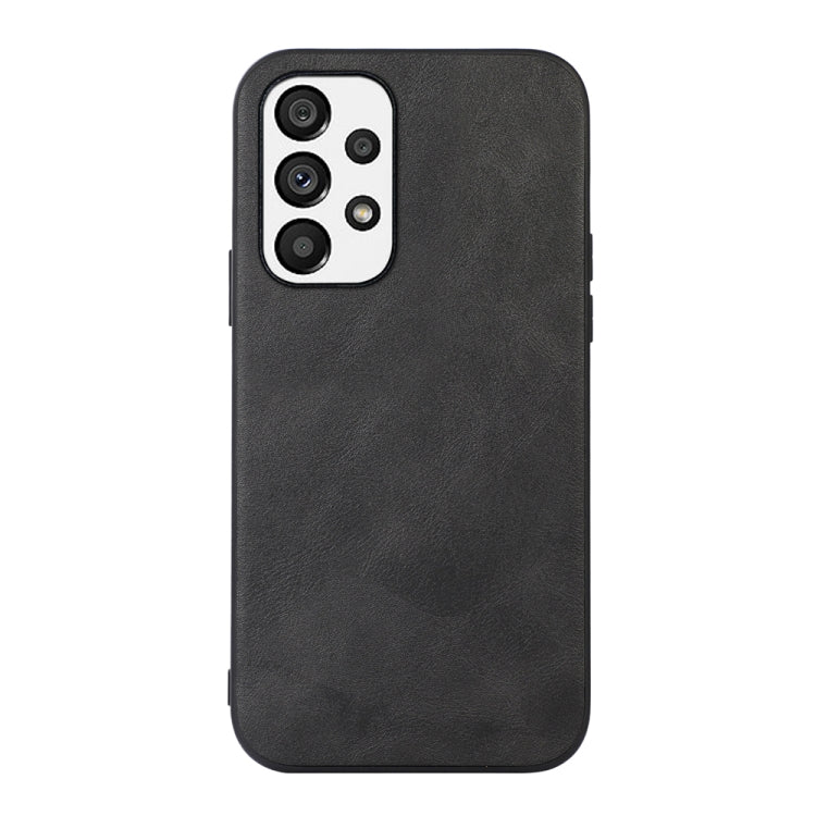 Cowhide-texture PU phone case, black, front view with camera cutout and side buttons.