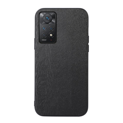 Black wood-grain PU phone case with raised camera cutout for smartphone protection