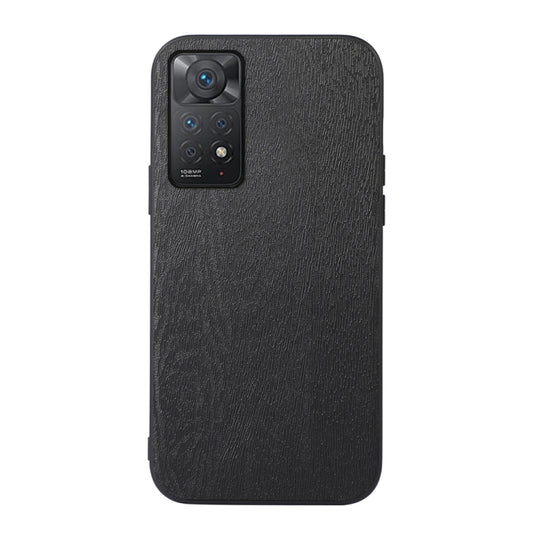 Black wood-grain PU phone case with raised camera cutout for smartphone protection