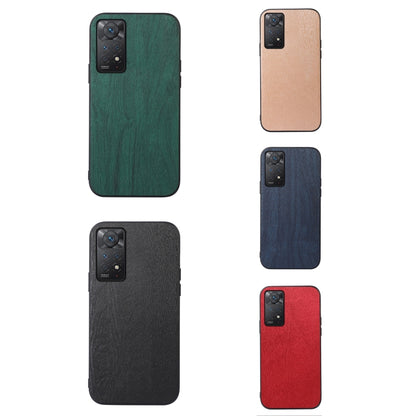 Wood-grain PU phone cases in green, tan, black, and red (four views)