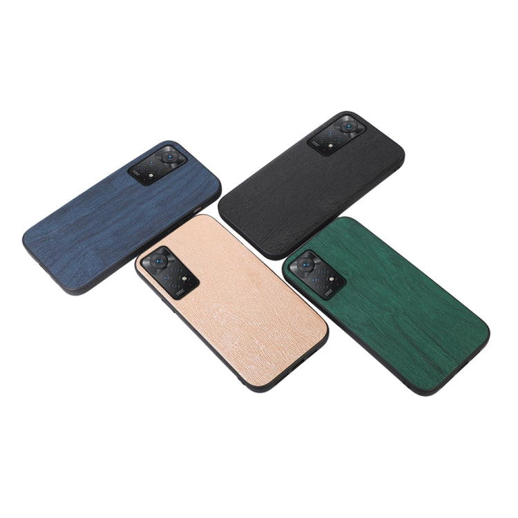 Wood-grain PU phone cases in blue, tan, black, and green (four views)