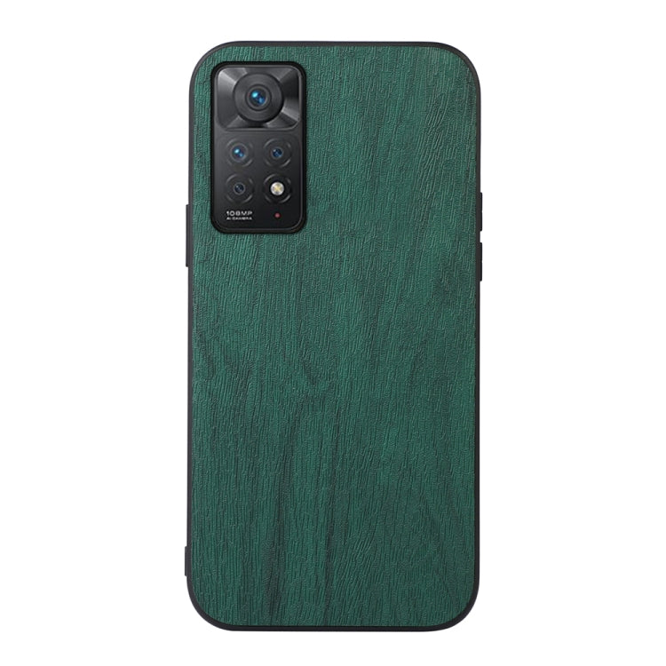Green wood-grain PU phone case with camera cutout and protective rim around edges
