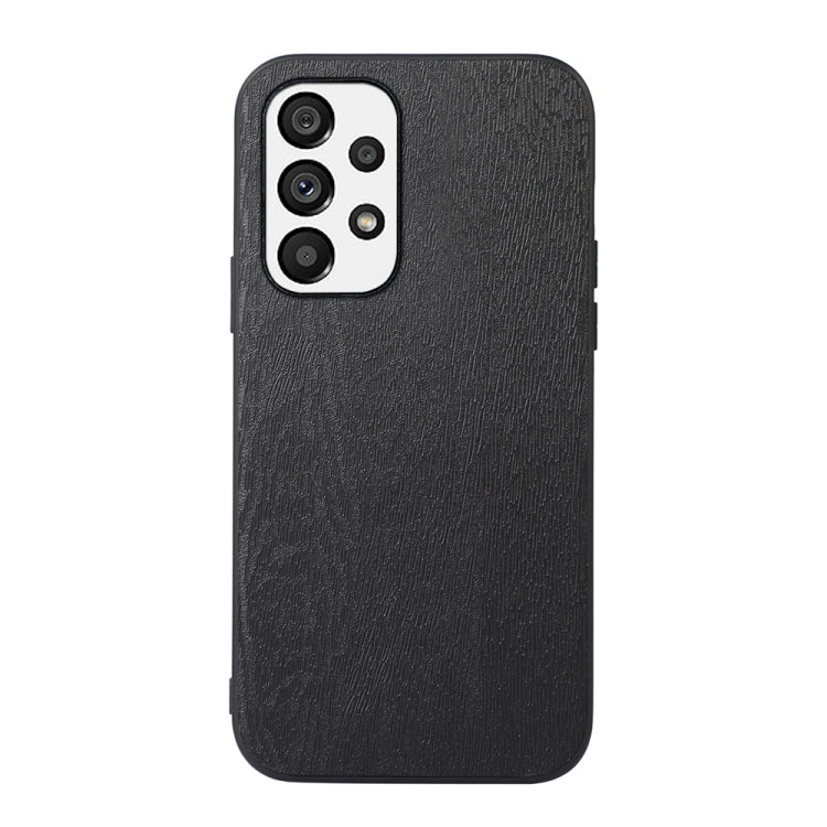 Black wood-grain PU phone case with camera module opening and side grip