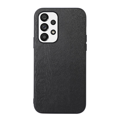 Black wood-grain PU phone case with camera cutout and smooth back panel