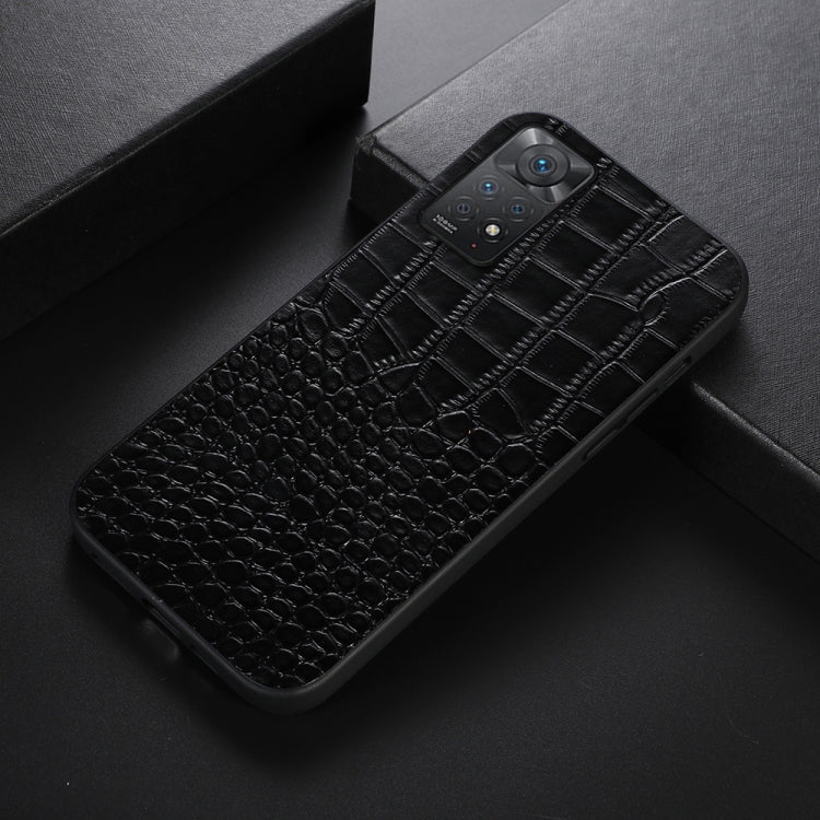 Black crocodile-pattern cowhide leather phone case, camera opening visible