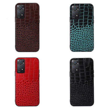 Crocodile-pattern cowhide leather phone cases in brown, cyan, red, and black