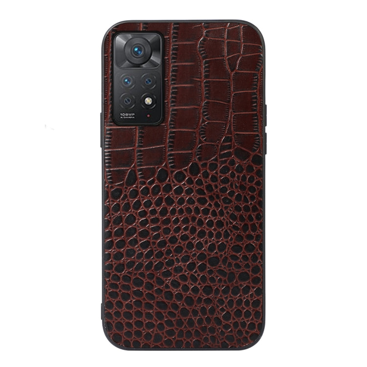 Brown crocodile-pattern cowhide leather phone case with camera opening and textured finish