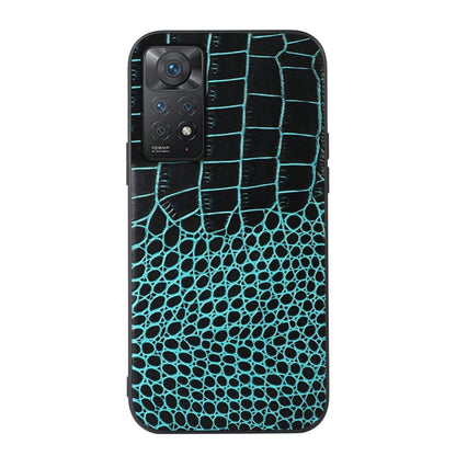 Cyan crocodile-texture leather phone case with camera cutouts and slim fit